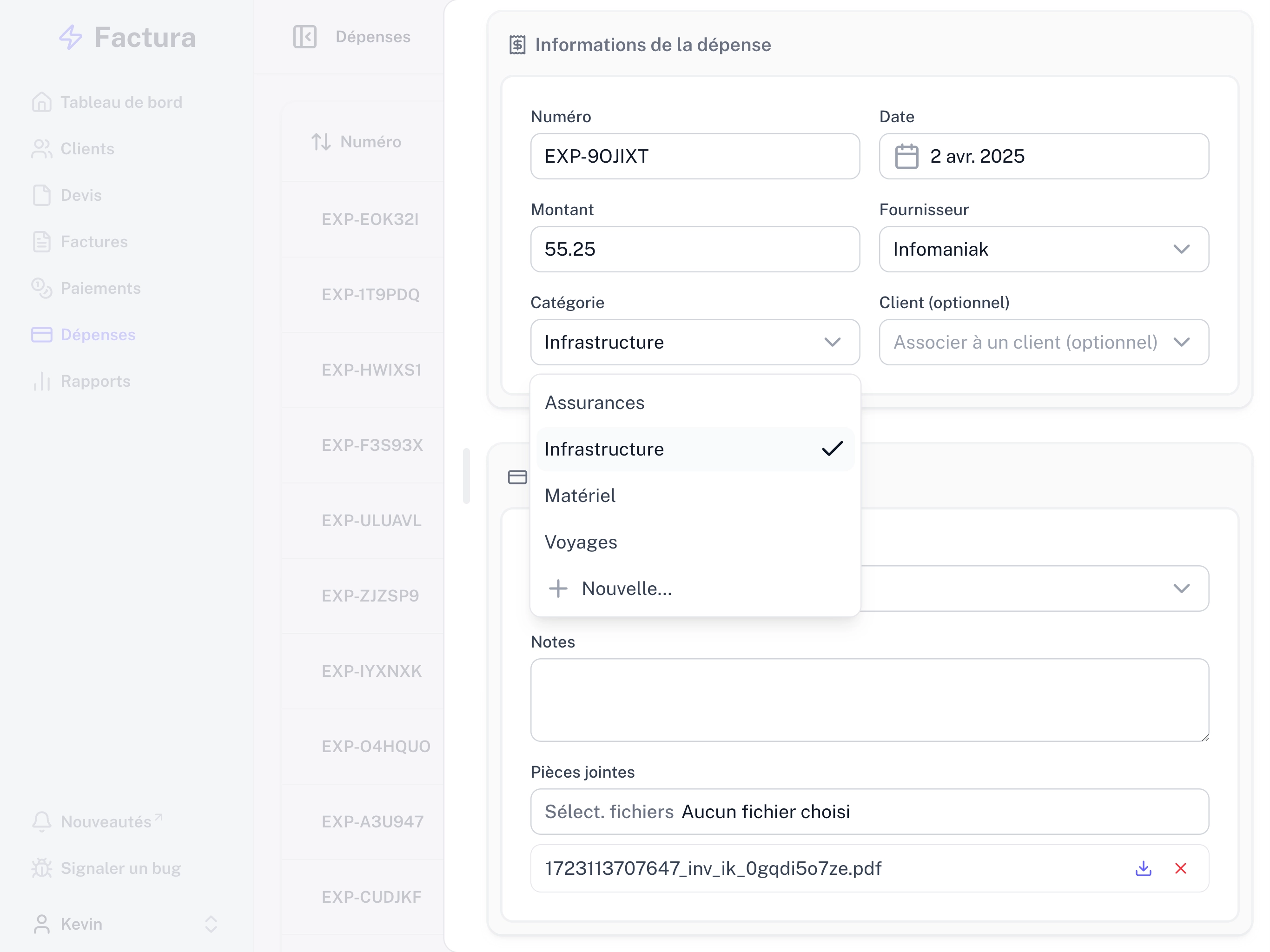 Aperçu de l'interface d'édition des dépenses de Factura