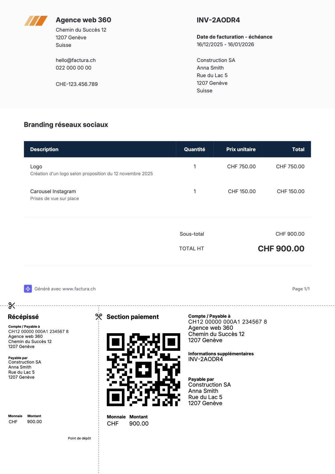 Aperçu d'une QR facture Suisse générée avec Factura