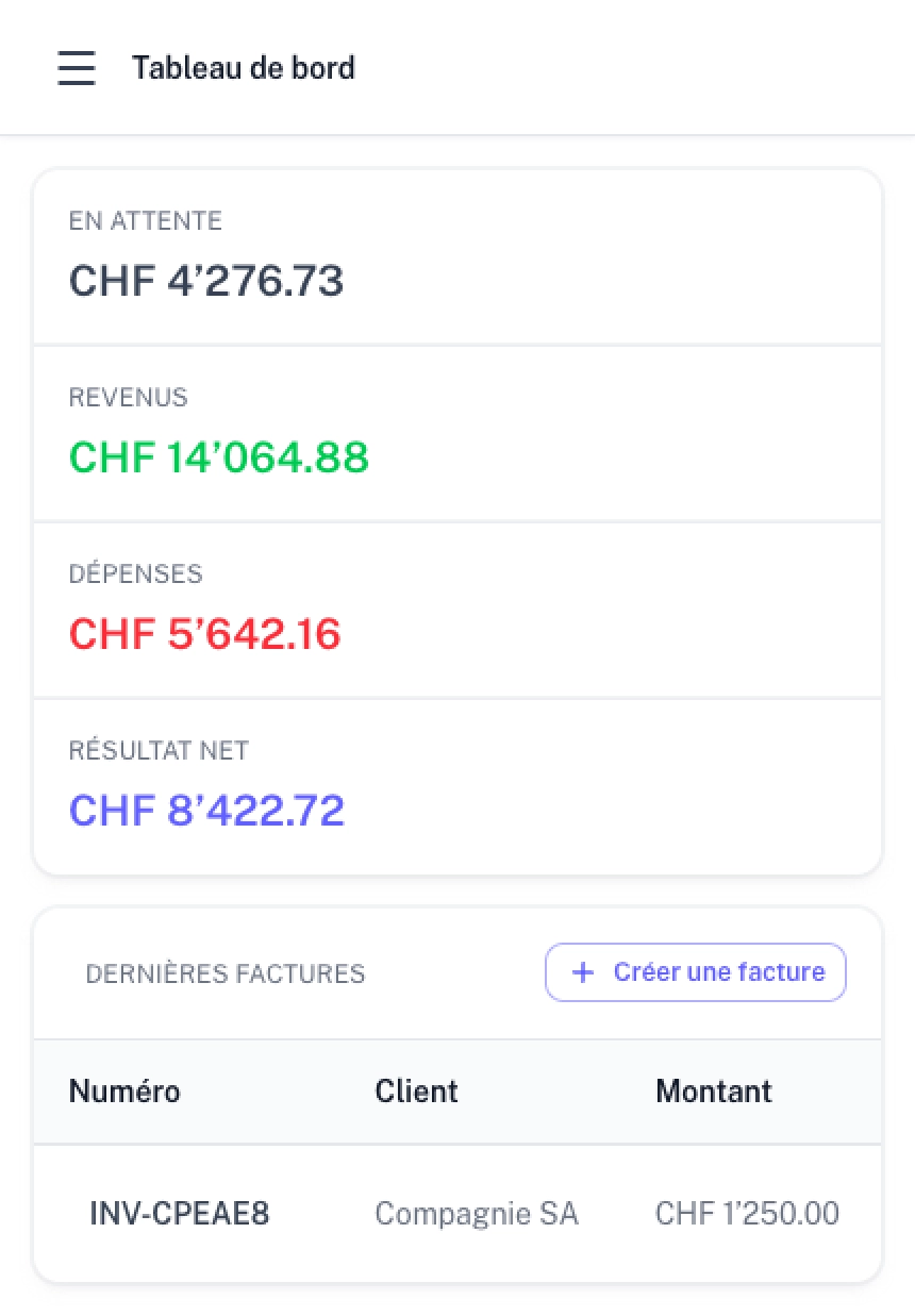 Aperçu de l'application mobile Factura.