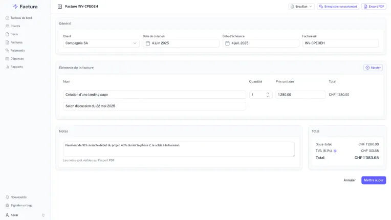 Interface de création d'une facture