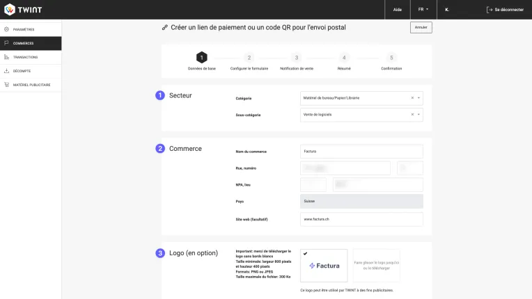Etapes 1 à 3 : secteur d'activité, coordonnées et logo
