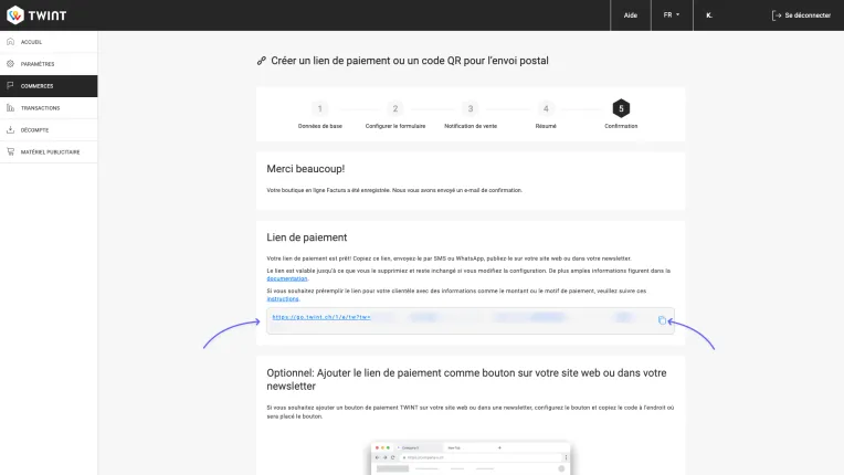 Affichage du lien de paiement dans le TWINT Business Portal