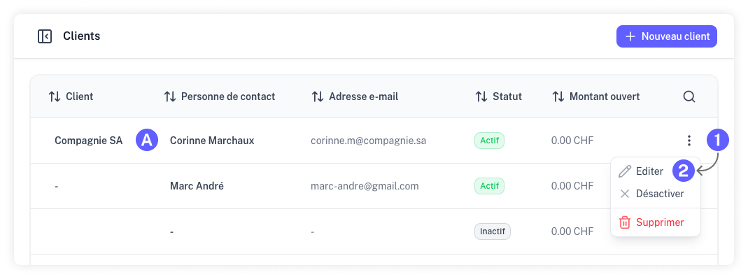 Capture d'écran de la liste des clients avec menu d'actions permettant de modifier un client