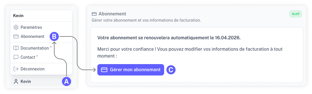 Capture d'écran du menu et de la page de souscription