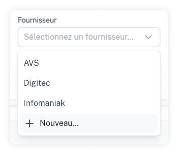 Capture d'écran du sélecteur de fournisseur permettant également de créer un nouveau fournisseur