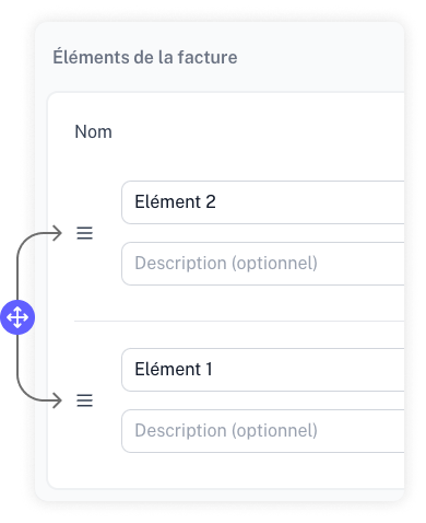 Capture d'écran présentant l'icône de réorganisation des éléments d'une facture ou d'un devis