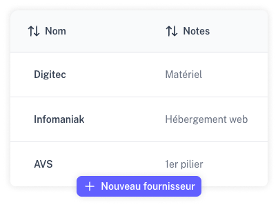 Tableau des fournisseurs avec possibilité d'en ajouter de nouveaux.