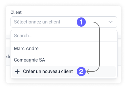Capture d'écran du sélecteur de client permettant également de créer un nouveau client