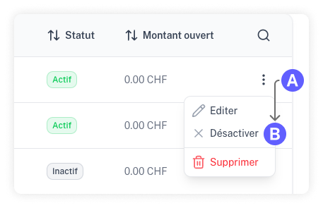 Capture d'écran du menu d'actions permettant de désactiver un client