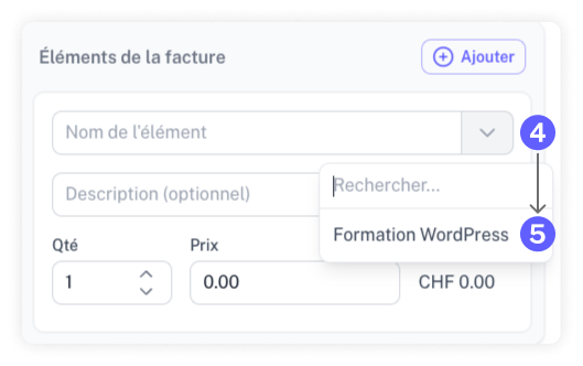 Capture d'écran avec les étapes permettant de sélectionner un élément réutilisable