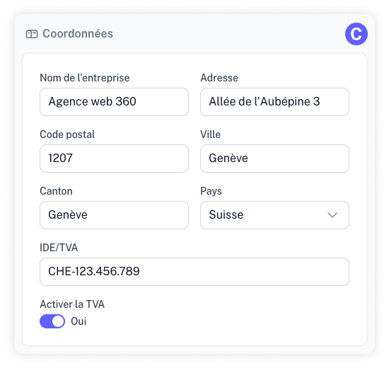 Capture d'écran de la section de coordonnées