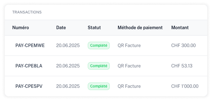 Tableau listant les transactions attribuées à une même facture.